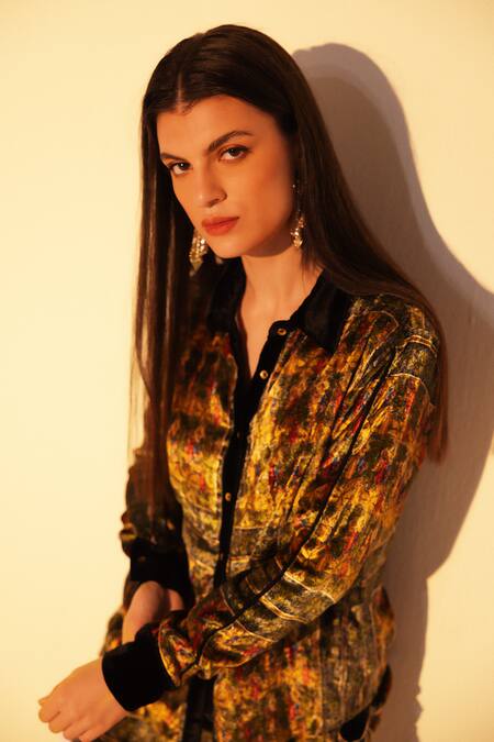 Buy_Reena Sharma_Green Viscose, Velvet Collared Printed And Multi Color Shirt Pant Set _Online_at_Aza_Fashions