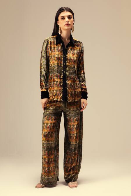 Shop_Reena Sharma_Green Viscose, Velvet Collared Printed And Multi Color Shirt Pant Set _Online_at_Aza_Fashions