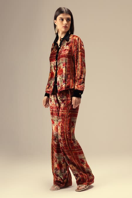 Reena Sharma Red Viscose, Velvet, Crepe Collared Ethnic Print Shirt And Pant Set Online at Aza Fashions Reena Sharma_Red Viscose, Velvet, Crepe Collared Ethnic Print Shirt And Pant Set _Online_at_Aza_Fashions