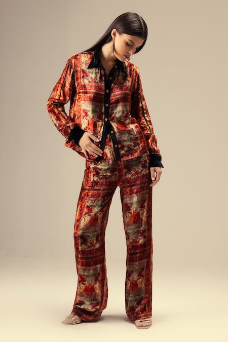 Shop Reena Sharma Red Viscose, Velvet, Crepe Collared Ethnic Print Shirt And Pant Set Online at Aza Fashions Shop_Reena Sharma_Red Viscose, Velvet, Crepe Collared Ethnic Print Shirt And Pant Set _Online_at_Aza_Fashions