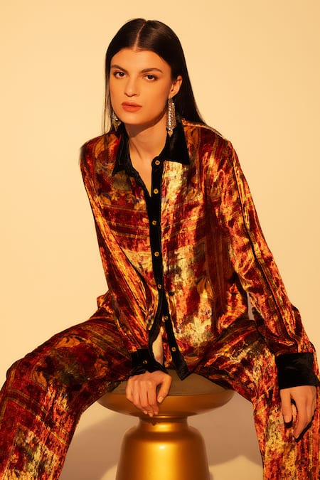 Buy Reena Sharma Red Viscose, Velvet, Crepe Collared Ethnic Print Shirt And Pant Set Buy_Reena Sharma_Red Viscose, Velvet, Crepe Collared Ethnic Print Shirt And Pant Set