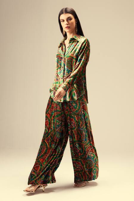 Reena Sharma Multi Color Viscose, Velvet Collared Ethnic Print Green Shirt And Pant Set Online at Aza Fashions Reena Sharma_Multi Color Viscose, Velvet Collared Ethnic Print Green Shirt And Pant Set _Online_at_Aza_Fashions