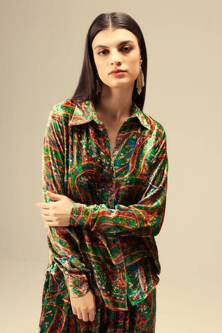Buy Reena Sharma Multi Color Viscose, Velvet Collared Ethnic Print Green Shirt And Pant Set Online at Aza Fashions Buy_Reena Sharma_Multi Color Viscose, Velvet Collared Ethnic Print Green Shirt And Pant Set _Online_at_Aza_Fashions