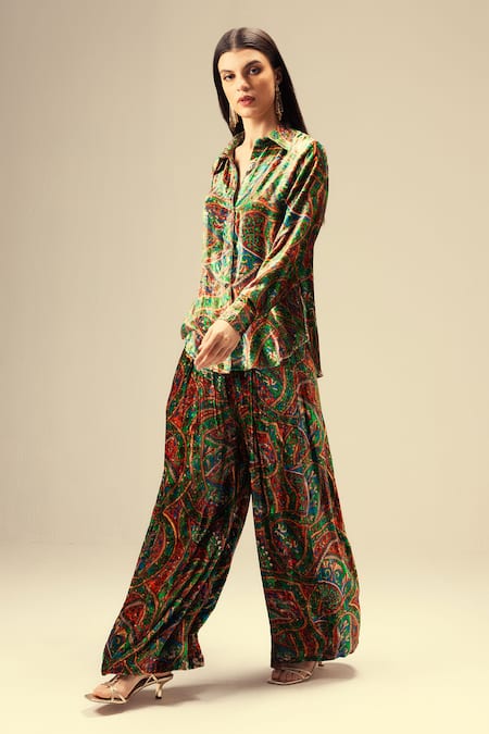 Reena Sharma Multi Color Viscose, Velvet Collared Ethnic Print Green Shirt And Pant Set at Aza Fashions Reena Sharma_Multi Color Viscose, Velvet Collared Ethnic Print Green Shirt And Pant Set _at_Aza_Fashions