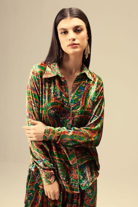 Buy Reena Sharma Multi Color Viscose, Velvet Collared Ethnic Print Green Shirt And Pant Set Buy_Reena Sharma_Multi Color Viscose, Velvet Collared Ethnic Print Green Shirt And Pant Set