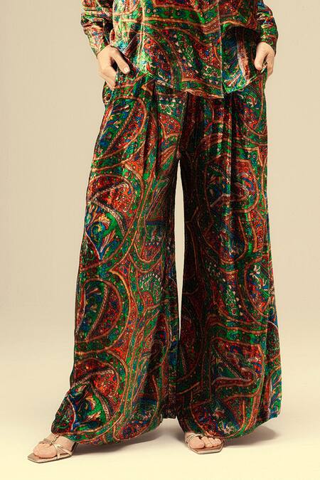 Shop Reena Sharma Multi Color Viscose, Velvet Collared Ethnic Print Green Shirt And Pant Set Shop_Reena Sharma_Multi Color Viscose, Velvet Collared Ethnic Print Green Shirt And Pant Set