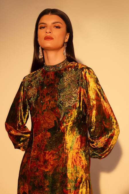 Shop_Reena Sharma_Green Viscose Sequins, Beads High Neck Abstract Print Kurta Set With Flared Pant _Online_at_Aza_Fashions