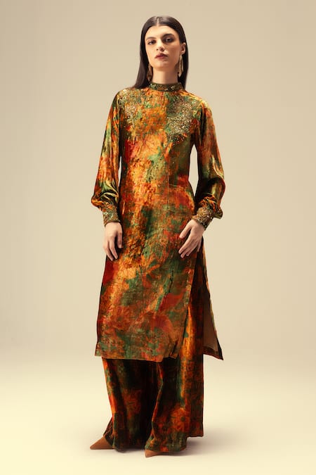 Shop_Reena Sharma_Green Viscose Sequins, Beads High Neck Abstract Print Kurta Set With Flared Pant 