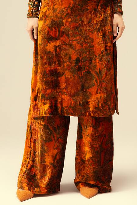 Reena Sharma_Orange Viscose, Velvet, Crepe Sequins, Abstract Print Kurta And Flared Pant Set _Online_at_Aza_Fashions