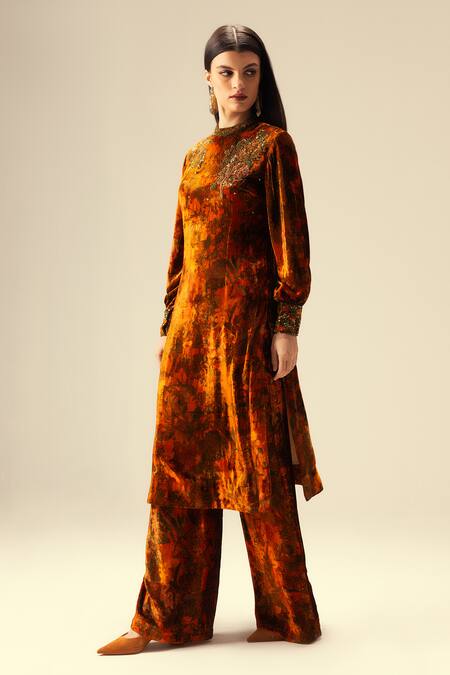 Buy_Reena Sharma_Orange Viscose, Velvet, Crepe Sequins, Abstract Print Kurta And Flared Pant Set _Online_at_Aza_Fashions