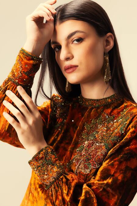 Shop_Reena Sharma_Orange Viscose, Velvet, Crepe Sequins, Abstract Print Kurta And Flared Pant Set _Online_at_Aza_Fashions