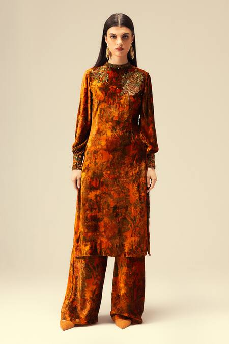 Buy_Reena Sharma_Orange Viscose, Velvet, Crepe Sequins, Abstract Print Kurta And Flared Pant Set 