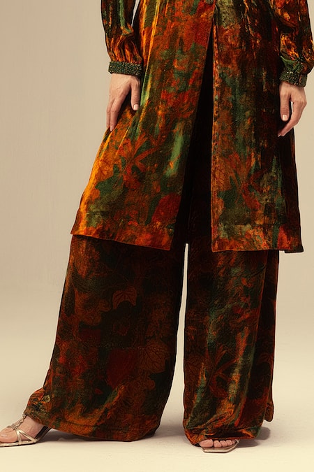 Shop_Reena Sharma_Green Viscose, Velvet V-neck Printed Jacket Kurta Set With Flared Pant _Online_at_Aza_Fashions