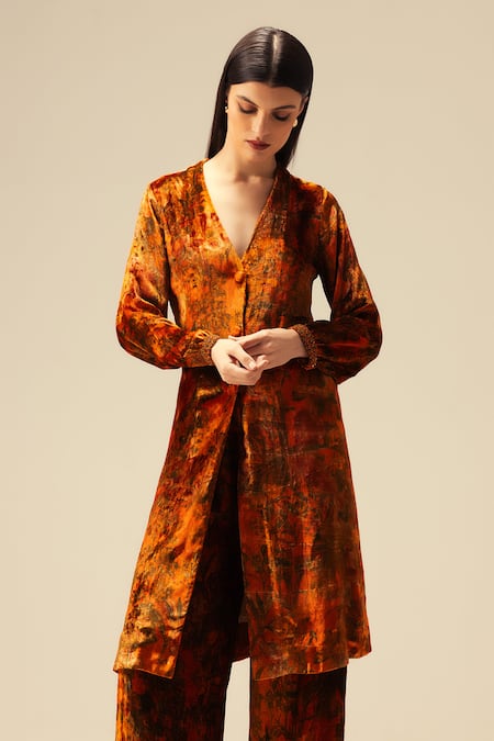 Reena Sharma_Orange Viscose V-neck Abstract Printed Jacket Kurta And Flared Pant Set _Online_at_Aza_Fashions
