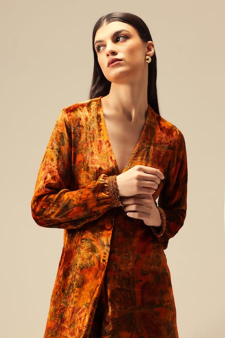 Shop_Reena Sharma_Orange Viscose V-neck Abstract Printed Jacket Kurta And Flared Pant Set _Online_at_Aza_Fashions