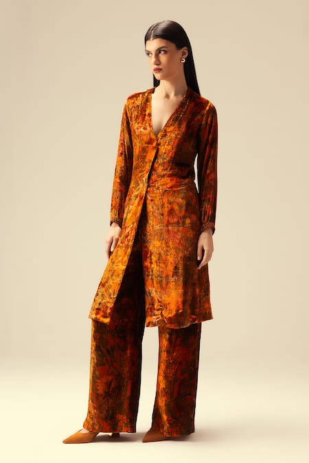 Buy_Reena Sharma_Orange Viscose V-neck Abstract Printed Jacket Kurta And Flared Pant Set 