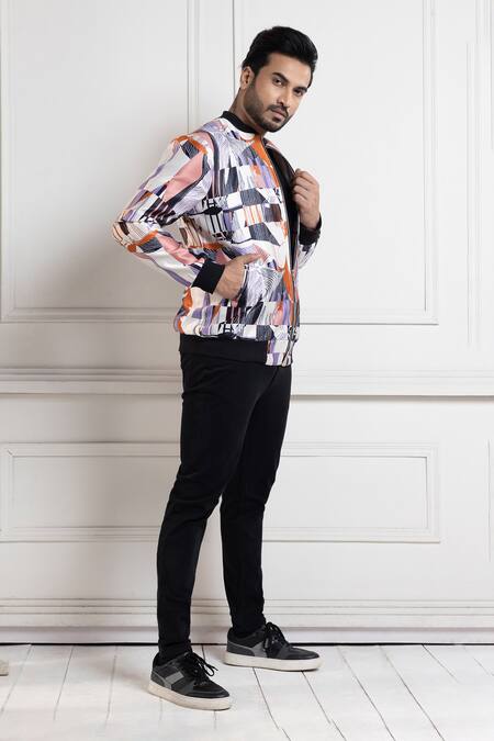 Smriti By Anju Agarwal_Multi Color Satin Beads Abstract Print Bomber Jacket _Online_at_Aza_Fashions