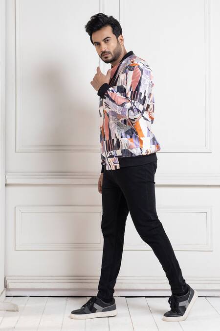 Buy_Smriti By Anju Agarwal_Multi Color Satin Beads Abstract Print Bomber Jacket _Online_at_Aza_Fashions