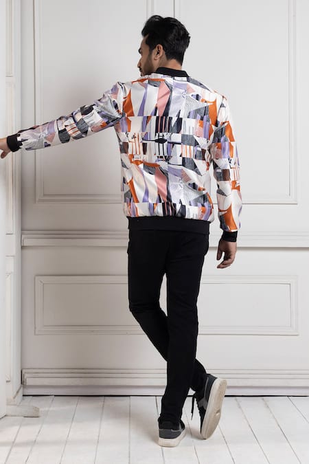 Shop_Smriti By Anju Agarwal_Multi Color Satin Beads Abstract Print Bomber Jacket _at_Aza_Fashions