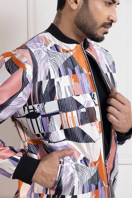 Shop_Smriti By Anju Agarwal_Multi Color Satin Beads Abstract Print Bomber Jacket _Online_at_Aza_Fashions