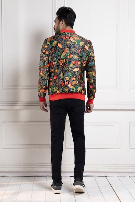 Shop Smriti By Anju Agarwal Multi Color Satin Underwater Floral Bomber Jacket at Aza Fashions Shop_Smriti By Anju Agarwal_Multi Color Satin Underwater Floral Bomber Jacket _at_Aza_Fashions