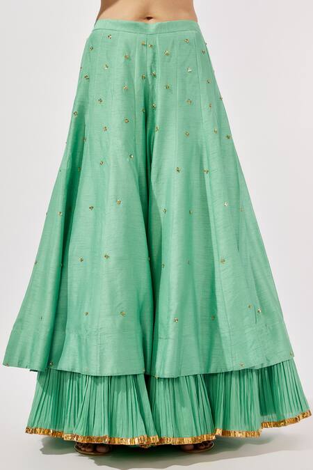 Loka By Veerali Raveshia_Green Chanderi Silk, Crepe, Silk, Organza Teal Embroidered Blouse Sharara Set _Online_at_Aza_Fashions