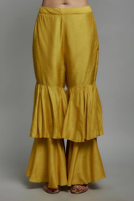 Loka By Veerali Raveshia Yellow Silk, Georgette, Tussar Mirrors, Embroidery, Tassels Anarkali Sharara Set Online at Aza Fashions Loka By Veerali Raveshia_Yellow Silk, Georgette, Tussar Mirrors, Embroidery, Tassels Anarkali Sharara Set _Online_at_Aza_Fashions