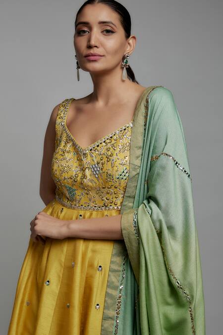 Buy Loka By Veerali Raveshia Yellow Silk, Georgette, Tussar Mirrors, Embroidery, Tassels Anarkali Sharara Set Online at Aza Fashions Buy_Loka By Veerali Raveshia_Yellow Silk, Georgette, Tussar Mirrors, Embroidery, Tassels Anarkali Sharara Set _Online_at_Aza_Fashions