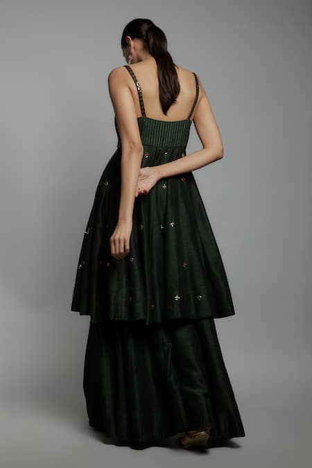 Loka By Veerali Raveshia Emerald Green Embroidered Anarkali Sharara Set 