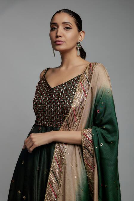 Loka By Veerali Raveshia Green Silk, Georgette, Tussar Embroidery, Emerald Anarkali Sharara Set Online at Aza Fashions Loka By Veerali Raveshia_Green Silk, Georgette, Tussar Embroidery, Emerald Anarkali Sharara Set _Online_at_Aza_Fashions