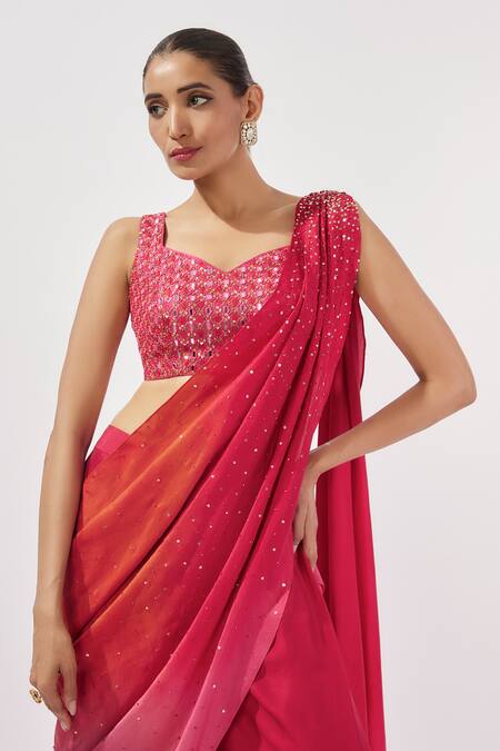 Loka By Veerali Raveshia_Pink Chanderi , Sequins Sweetheart Embroidered Pre-draped Saree Set _Online_at_Aza_Fashions