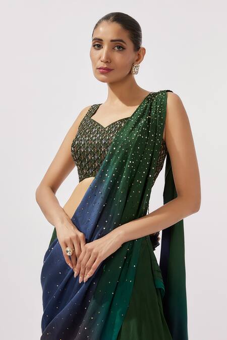 Loka By Veerali Raveshia Blue Chanderi Silk, Denim Sequins Sweetheart Embroidered Pre-draped Saree Set Online at Aza Fashions Loka By Veerali Raveshia_Blue Chanderi Silk, Denim Sequins Sweetheart Embroidered Pre-draped Saree Set _Online_at_Aza_Fashions