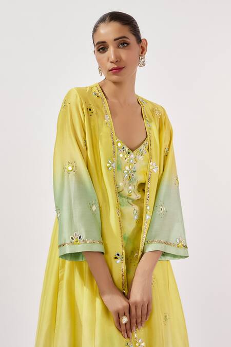 Buy_Loka By Veerali Raveshia_Yellow Chanderi Silk Mirrors Sweetheart Neck, Embroidered Cape And Slip Dress Set _Online_at_Aza_Fashions