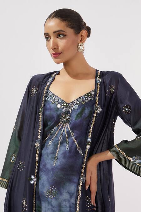 Buy_Loka By Veerali Raveshia_Blue Chanderi Silk Mirrors Sweetheart Neck Work Cape And Slip Dress Set _Online_at_Aza_Fashions