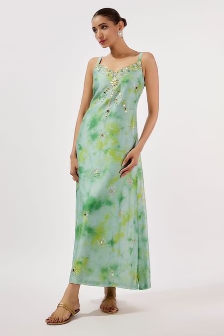 Loka By Veerali Raveshia_Teal Chanderi Silk Mirrors Sweetheart Neck Embroidered Cape And Slip Dress Set _Online_at_Aza_Fashions