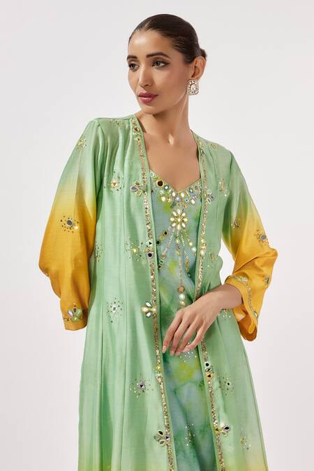 Buy_Loka By Veerali Raveshia_Teal Chanderi Silk Mirrors Sweetheart Neck Embroidered Cape And Slip Dress Set _Online_at_Aza_Fashions