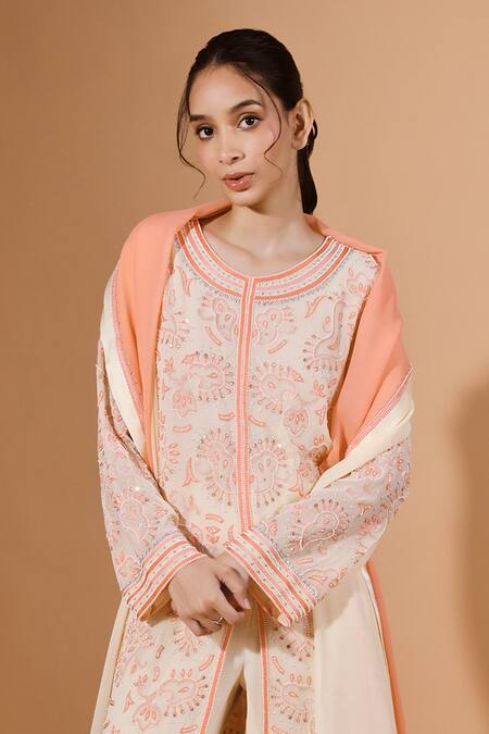 Kavita D_Orange Silk, Georgette, Satin Beads, Smocking Bloom Embroidered Kurta Pant Set _Online_at_Aza_Fashions