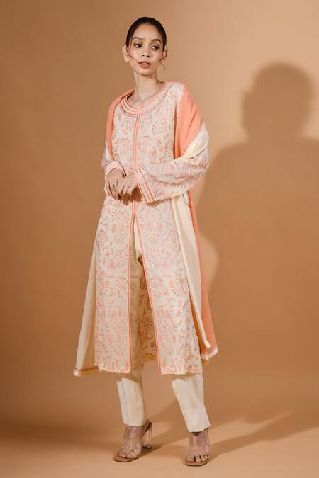 Buy_Kavita D_Orange Silk, Georgette, Satin Beads, Smocking Bloom Embroidered Kurta Pant Set _Online_at_Aza_Fashions