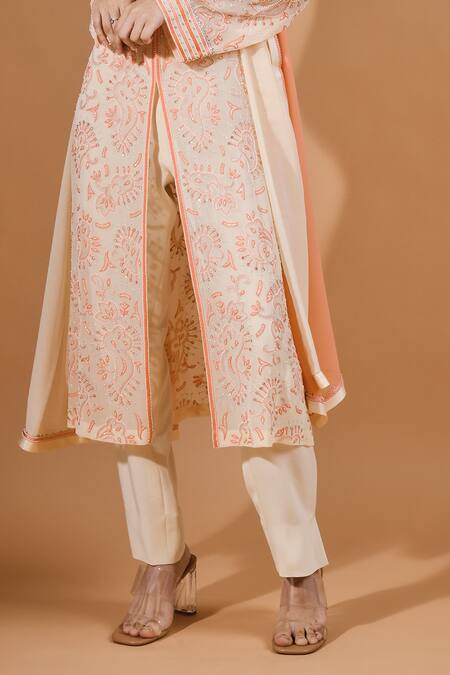 Shop_Kavita D_Orange Silk, Georgette, Satin Beads, Smocking Bloom Embroidered Kurta Pant Set _Online_at_Aza_Fashions