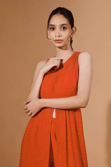 Kavita D_Red Silk, Georgette, Jersey Halter Neck Bead Embellished Kurta And Pant _Online_at_Aza_Fashions