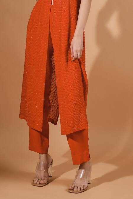 Buy_Kavita D_Red Silk, Georgette, Jersey Halter Neck Bead Embellished Kurta And Pant _Online_at_Aza_Fashions