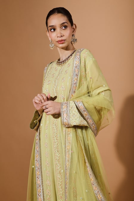 Kavita D_Green Silk, Georgette Beads, Zari Round Blossom Embroidered Anarkali And Dupatta _Online_at_Aza_Fashions