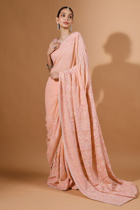 Kavita D Coral Pink Mughal Embroidered Saree Set 