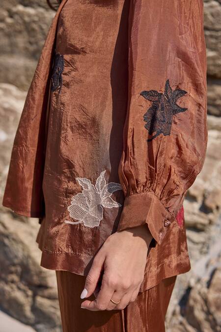 Ayaka_Brown Viscose, Cotton Embroidery Floral Top With Inner _Online_at_Aza_Fashions