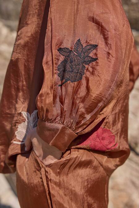 Buy_Ayaka_Brown Viscose, Cotton Embroidery Floral Top With Inner _Online_at_Aza_Fashions