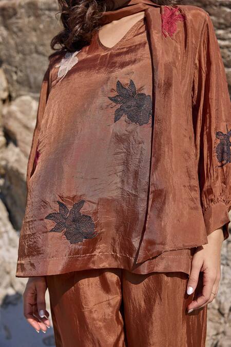 Shop_Ayaka_Brown Viscose, Cotton Embroidery Floral Top With Inner _Online_at_Aza_Fashions