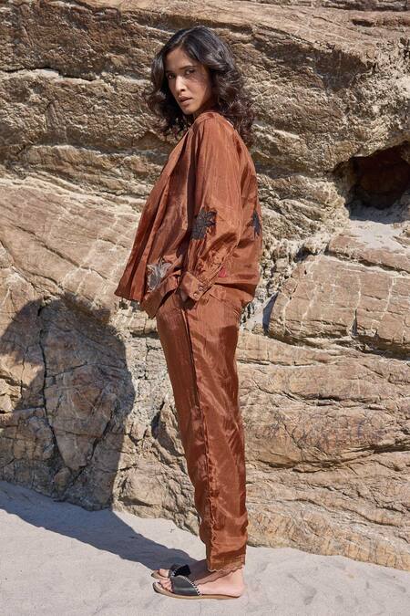 Ayaka_Brown Viscose, Cotton Embroidery Floral Top With Inner _at_Aza_Fashions