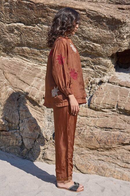 Buy_Ayaka_Brown Viscose, Cotton Embroidery Floral Top With Inner 