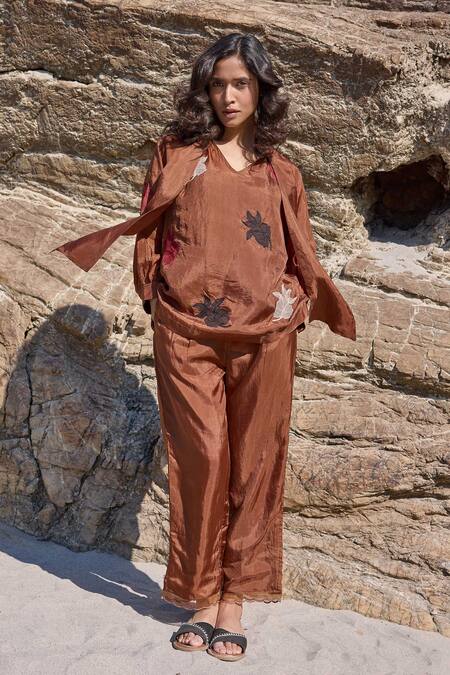 Ayaka Brown Viscose, Cotton Embroidery Floral Top With Inner  9