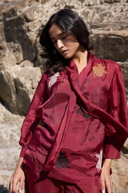 Ayaka_Burgundy Cotton, Viscose Embroidery Bloom Top With Inner _Online_at_Aza_Fashions